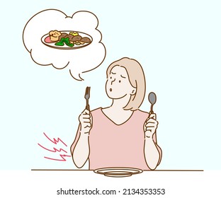 Mujer sosteniendo cuchara y tenedor, mujer hambrienta, alimentos y conceptos de estilo de vida. Dibujado a mano en estilo de línea delgada, ilustraciones vectoriales.