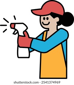 A woman is holding a spray bottle and wearing a red cap. She is smiling and she is happy