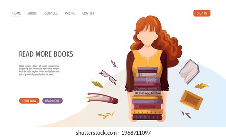 Woman holding stack of books. Bookstore, bookshop, library, book lover, bibliophile, education concept. Vector illustration for poster, banner, website, advertising.