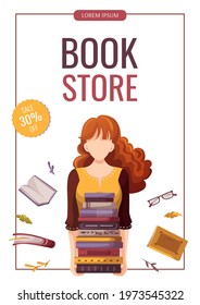 Woman holding stack of books. Bookstore, bookshop, library, book lover, bibliophile, education concept. A4 vector illustration for poster, banner, flyer, cover, advertising.