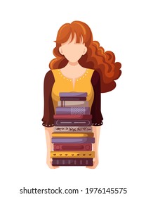 Woman holding stack of books. Bookstore, bookshop, library, book lover, bibliophile, education concept. Isolated vector illustration for poster, banner, cover, card.
