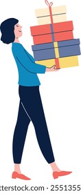 A woman is holding a stack of boxes