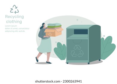 Woman holding stack of clothes or textiles to donate, Recycle and sustainable environmental care concept on fashion. Vector design illustration.