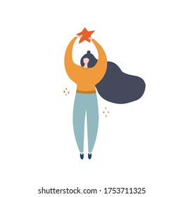 Woman holding star in her hands, dreams come true, achieve the goal, positive concept. Flat vector illustration.