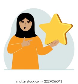 The woman is holding a star. Service rating or positive user rating. Consumer review of the product. Feedback. Vector illustration in flat style