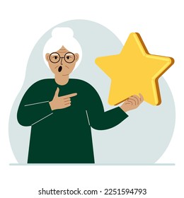The woman is holding a star. Service rating or positive user rating. Consumer review of the product. Feedback. Vector illustration in flat style