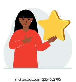 The woman is holding a star. Service rating or positive user rating. Consumer review of the product. Feedback.