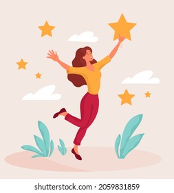 Woman holding star. Young girl caught her dream. Happiness, luck, success. New opportunities, perspectives, ambitions, leadership. Cartoon flat vector illustration isolated on white background