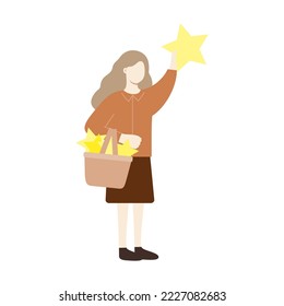 Woman Holding Stars. Target, Rating, motivational, goal concept. Flat cartoon character vector design illustration isolated on white background.