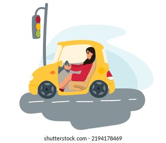 A woman holding a steering wheel or driving a car on a city street is waiting at a red traffic light. Driving lessons in a driving school.
Flat vector illustration.