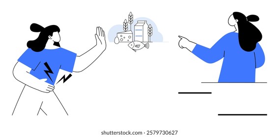 Woman holding stomach with a pained expression while raising hand in refusal and another person pointing at a selection of dairy products in background. Ideal for food allergies, lactose intolerance