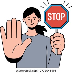 Woman holding stop sign and gesturing to halt hand gesture.