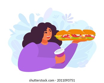 A Woman Holding A Submarine Sandwich And A Cup Of Coffee. A Girl Eats A Sub. Delicious Fast Food. A Vector Cartoon Illustration.