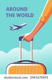 Woman holding a suitcase in her hand close-up and a airplane taking off. Concept of vacation and travel. Vector illustration in minimalist style.