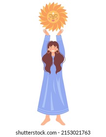 Woman holding the sun. Astrology concept. Flat colored vector illustration isolared in a white background.