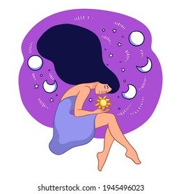 Woman holding sun symbol in hands, surrounded by moon cycles. Female character with occult wisdom, portrait of astrological personage. Moonlight and sunshine, meditation. Vector in flat style