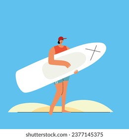 Woman holding sup board at the beach. Simple style abstract human for the main page, banner for website, mobile app, book cover. Vector illustration