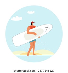 Woman holding sup board at the beach. Simple style abstract human for the main page, banner, avatar, logo, badge. Vector illustration