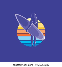 woman holding surf board for Surfing Logo Design. Vector Illustration.