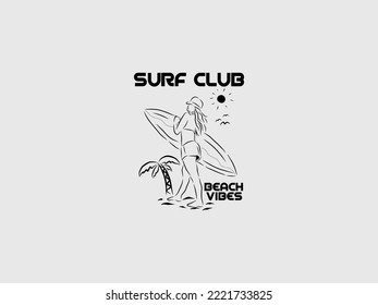 woman holding surfboard beach vibes hand drawn vintage illustration eps.10