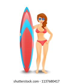 Woman holding surfboard isolated on the white background. Vector illustration of the woman wearing glasses on a sunny beach. Seaside vacation and surfing.