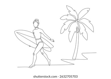 Woman holding surfboard next to coconut tree. Summer concept one-line drawing