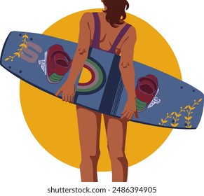 A woman is holding a surfboard. Vector illustration. Isolated illustration.