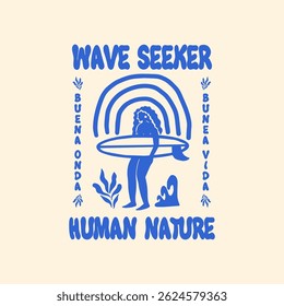 A woman is holding a surfboard and the words "wave seeker" are written in blue.