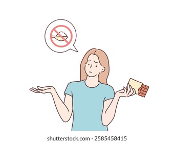 Woman Holding Sweets. No sugar. Hand drawn style vector design illustrations.	