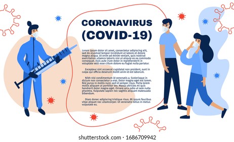 Woman holding syringe, trying to stop coronavirus (COVID-19). Woman wearing medical face mask. Flat, modern vector illustration.