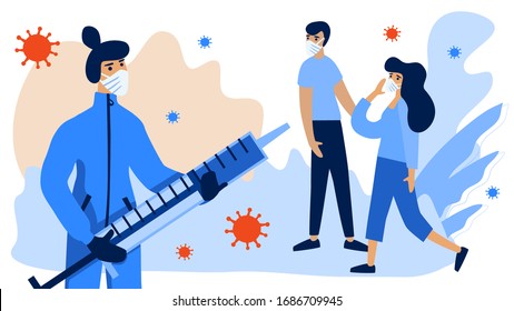 Woman holding syringe, trying to stop coronavirus (COVID-19). Woman wearing medical face mask. Flat, modern vector illustration.