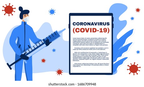Woman holding syringe, trying to stop coronavirus (COVID-19). Woman wearing medical face mask. Flat, modern vector illustration.