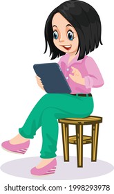 Woman holding the tablet cartoon vector art and illustration