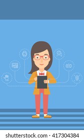 Woman holding tablet computer.