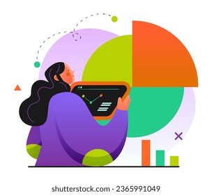 a woman is holding a tablet computer with graphs on it