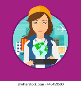Woman holding a tablet computer with a model of planet earth above the device. International technology communication concept. Vector flat design illustration in the circle isolated on background.