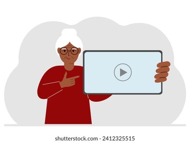 Woman holding tablet computer with video player. Marketing concept in flat style.