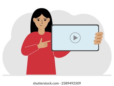 Woman holding tablet computer with video player. Marketing concept in flat style. Vector flat illustration.