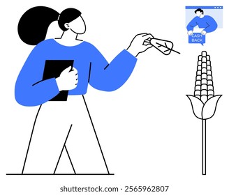 Woman holding tablet examines plant and looks at dollar bill, cashback icon above. Ideal for agriculture, technology, financial analysis, digital economy, investment. Modern clean style