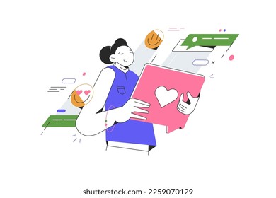 Woman holding tablet in hand and communicate in social network vector illustration. Messaging, likes and emoji icons.Teenagers and social media. Interaction with gadgets