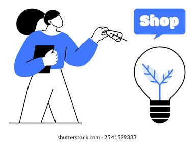 Woman holding a tablet and leaf with a shop speech bubble. Light bulb with growing branch symbol signifies eco-friendly products. Ideal for eco-commerce, sustainability, shopping, green energy