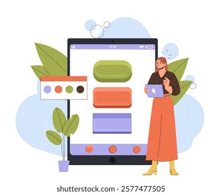 Woman holding a tablet next to a large mobile interface design with colorful buttons, plants, and design tools on a white background. Concept of UI UX design. Vector illustration