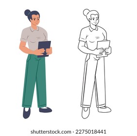 Mujer sosteniendo un tablet PC. Carácter plano de empleado feliz. Mujer de negocios. ilustración vectorial aislada en fondo blanco.