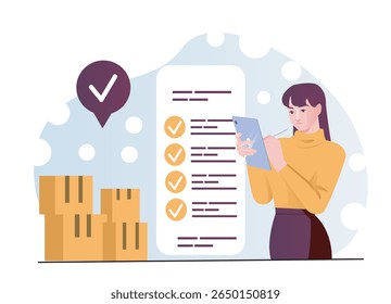 Woman holding tablet and pen reviewing checklist beside stacked boxes, with checkmarks and list on abstract background. Concept of inventory control. Vector illustration