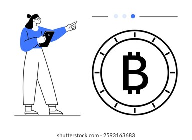 Woman holding a tablet, pointing at a Bitcoin symbol within a circle. Three dots with one highlighted in blue. Ideal for cryptocurrency education, financial technology, digital currency, blockchain