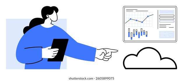Woman holding a tablet and pointing at a data dashboard on a screen, with a cloud icon below. Ideal for data analysis, cloud computing, business strategy, technology services, workflow management