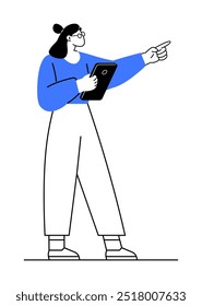 Woman holding a tablet and pointing. Ideal for technology, education, presentations, leadership, business. Minimalist modern style