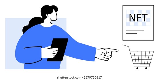 Woman holding a tablet pointing to an NFT and shopping cart. Ideal for technology, e-commerce, digital art, online shopping, and cryptocurrency themes. Simple vector style with blue and black colors