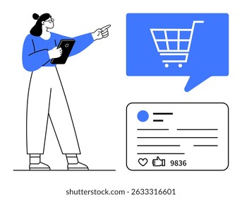 Vrouw met tablet wijzend naar winkelwagentje icoon met social media post in de buurt. Ideaal voor e-commerce, online winkelen, sociale media-analyse, digitale marketing, online verkoopstrategie, markt