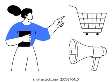 Woman holding a tablet and pointing towards a shopping cart and megaphone. Ideal for marketing, e-commerce, online shopping, advertising, communication. Minimalist vector artwork in blue, black